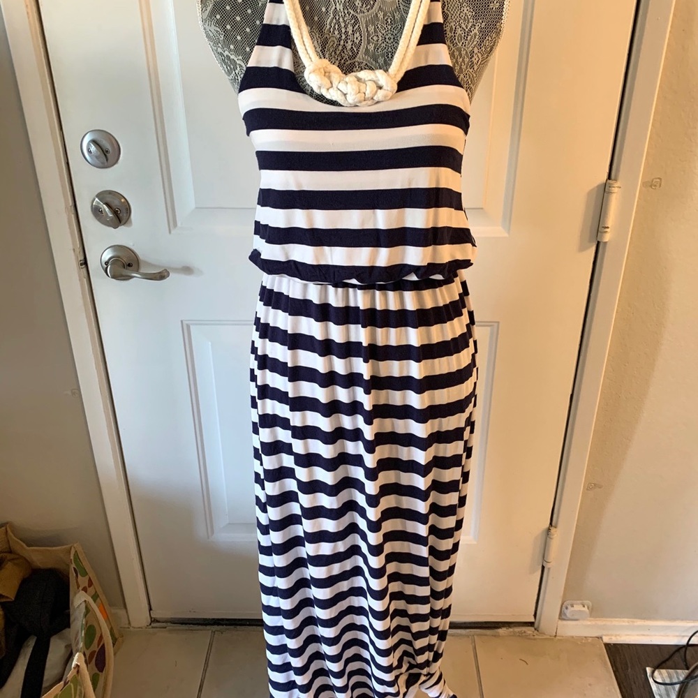 Navy and White Striped Maxi Dress